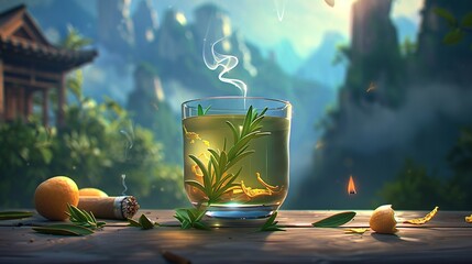 Wall Mural -   A glass of tea sits on a wooden table, beside a bottle of tea and an orange slice