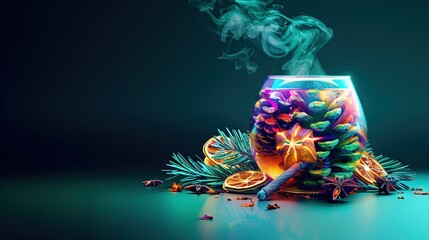 Wall Mural -   A glass with liquid resting atop a table, adjacent to a mound of leaves and a waft of smoke emanating from a pipe