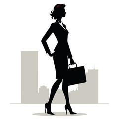 Poster - a professional business woman stand with suitcase, brifcase, vector silhouette, slim and beautiful woman