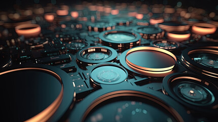 Poster - Technology abstract background with hud styled round interface elements in neon tech light.