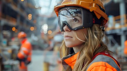 A woman wearing a yellow helmet and goggles is standing in a factory