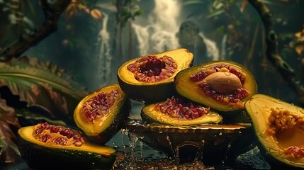 Poster -   A close-up of various fruits on a table with a waterfall in the background and trees surrounding it