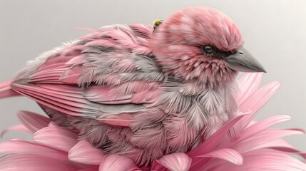 Canvas Print -   A Pink Bird Sitting on a Pink Flower against a Gray Background with a Yellow Ear Tag