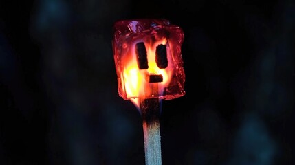 Canvas Print -   A close-up of a stick with a lit candle forming a smiley face on top