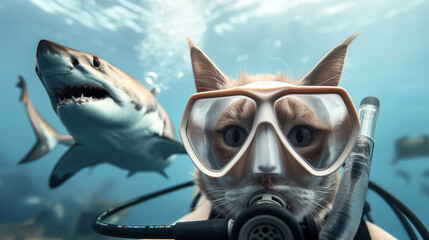 Sticker - Humorous underwater scene of a cat wearing diving goggles and snorkel, with a great white shark swimming behind