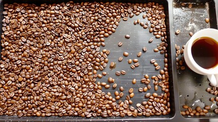 Poster -   A baking sheet filled with coffee beans topped by a cup of brewed coffee in a pan