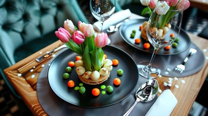 Sticker -  A black plate holding a cupcake smothered in candy and tulips, alongside a vase brimming with blooms