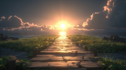 Poster -   The sun sets over the ocean, leading to a water path and a grassy foreground