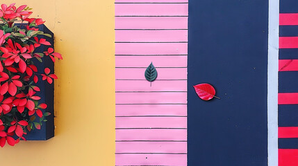 Sticker -   A painting of a plant on a wall next to a painting of a vase with flowers outside it