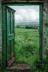 Poster -   An open green door leads to a lush green field, enclosed by a fence and surrounded by a field of flowers in the distance