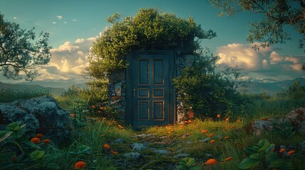 Poster -   An outhouse in the field with blooming flowers on its door and lush bushes on its sides