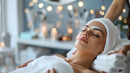 Canvas Print -   A woman lounges in bed, her hair covered by a towel Another towel is wrapped around her head