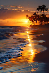 Wall Mural - Tranquil Beach Sunset with Swaying Palm Trees and Gentle Waves under a Vibrant Sky