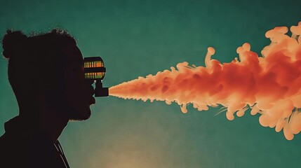 Poster -   Man with glasses watching red cloud of smoke come out of his mouth