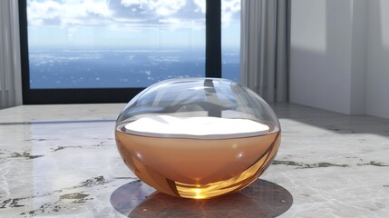 Wall Mural -   A glass vase sits atop a marble countertop, offering a stunning view of the ocean through the nearby window