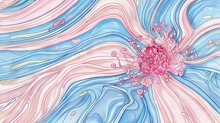 Poster -   A painting of a pink and blue flower on a blue and pink striped background with swirls and drops of water