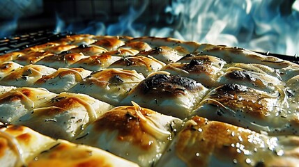 Sticker -   A close-up of food cooking on a grill with an impressive amount of smoke rising from the top