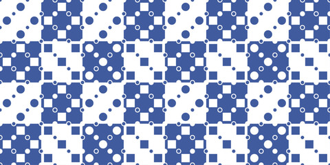 Leinwandbilder - A blue and white checkerboard pattern of squares with squares or circles inside. Geometric chess pattern tiles.