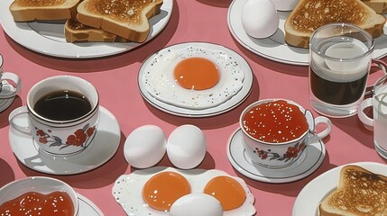 Wall Mural -   A pink table is topped with plates of food and coffee cups beside an egg and toast plate