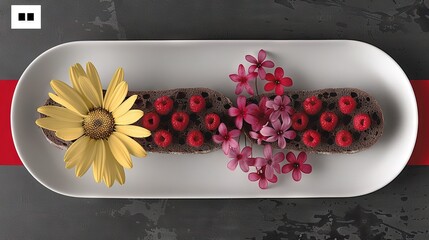 Poster -   A yellow and red flower rests beside a white plate topped with chocolate and berry-covered cake