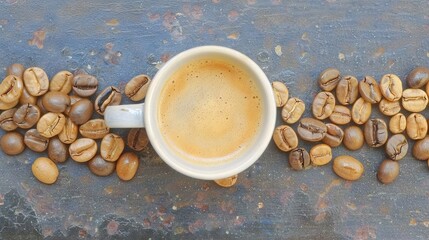 Poster -   A cup of coffee atop a mound of coffee grounds alongside roasted beans