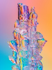 Canvas Print - A close-up view of an abstract crystal formation with iridescent colors. The crystal is made up of many small, jagged pieces, and it appears to be illuminated from within. The image evokes a sense of 