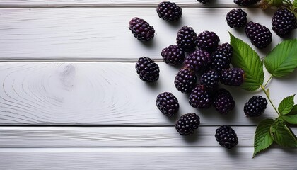 Wall Mural -  blackberries on white wooden table seen from above