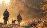 Hunters and dogs on a misty morning, forest edge, hunting gear, golden autumn light, focused energy