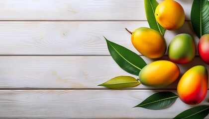 Mangos on white wooden table seen from above 