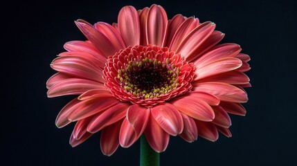 Poster -   A pink flower on black background with green stem