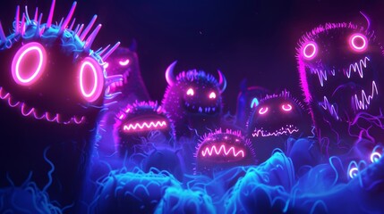 Sticker - A group of playful neon-colored monsters with glowing eyes emerge from a swirling blue mist, creating a surreal and energetic scene. The vibrant colors and whimsical designs evoke a sense of wonder an