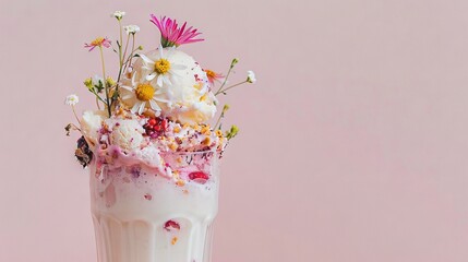 Poster -   A milkshake with flowers and sprinkles in a tall glass on a pink background