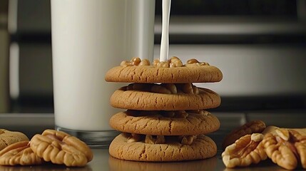 Wall Mural -   A single stack of cookies sits on the table beside a glass of milk and another stack of cookies