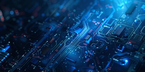 Poster - HighTech Circuit Board with dynamic Neon Blue Lights accentuating its intricate design