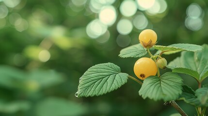 Poster -   A close-up of two yellow berries on a green leafy branch, blurred background of trees in the background