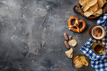 Wall Mural - Oktoberfest festival decorations of pretzels, beer, potato chips and blue and white fabric on a dark background