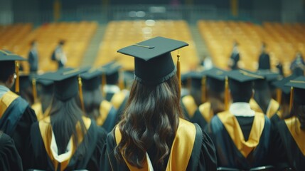 Wall Mural - Group of graduates in gowns celebrating their achievements at a graduation ceremony. The audience is filled with fellow students and supporters.