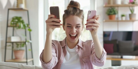 Wall Mural - Happy woman sitting on a couch and holding two cell phones, possibly engaged in multitasking or enjoying social media.