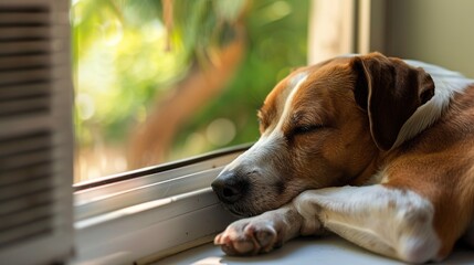 Poster -   A detailed image of a dog lounging on a windowsill, its head atop it