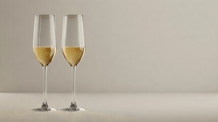 Poster -   Two champagne flutes sit together on a white table against a gray wall