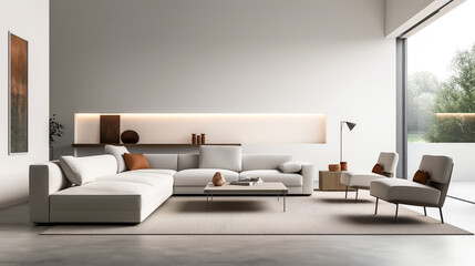 Wall Mural - Modern minimalist living room with white sectional sofa, contemporary chairs, a coffee table, and decorative items. Large window with a view of greenery.