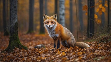 Wall Mural - Adorable red fox, Vulpes vulpes, in autumn forest with orange leaves