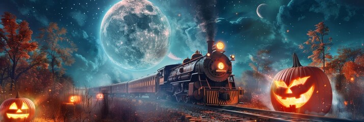 Poster - A steam locomotive travels through a dark, mystical forest under a full moon. Jack-o'-lanterns illuminate the path, symbolizing Halloween, magic, and the unknown.