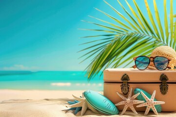 Canvas Print - A suitcase, hat, and sunglasses sit next to starfish on a sunny beach