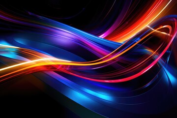 Poster - Abstract colorful waves on black background. Vibrant hues blend and flow, creating a dynamic and visually captivating image.