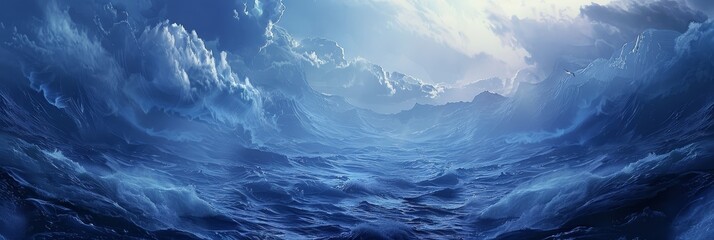 Poster - A vast blue ocean with rolling waves, framed by dramatic, white clouds that appear to be bursting from the sky. This image symbolizes peace, vastness, tranquility, hope, and nature's beauty.