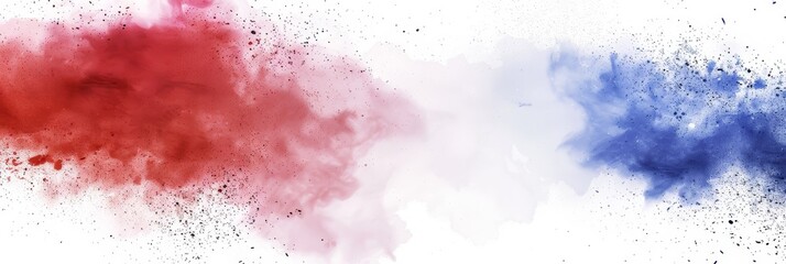 Sticker - A vibrant abstract image featuring a red powder explosion on the left and a blue powder explosion on the right, separated by a stark white background. This image symbolizes energy, creativity, passion