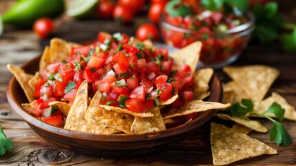 Wall Mural - A_vibrant_spread_of_tortilla_chips_and_salsa_arranged_on_a_wooden_table