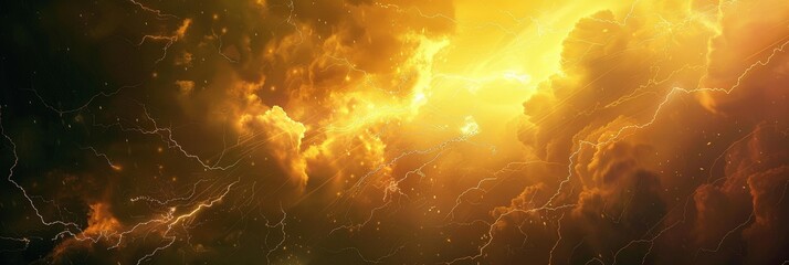 Canvas Print - A vibrant and dynamic abstract image depicting a cosmic storm with fiery clouds, bright lightning, and a celestial glow. Symbolizing energy, chaos, power, beauty, and the universe.