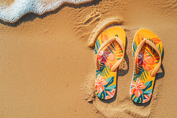 A pair of orange flip flops on tropical sandy beach on hot sunny day top view